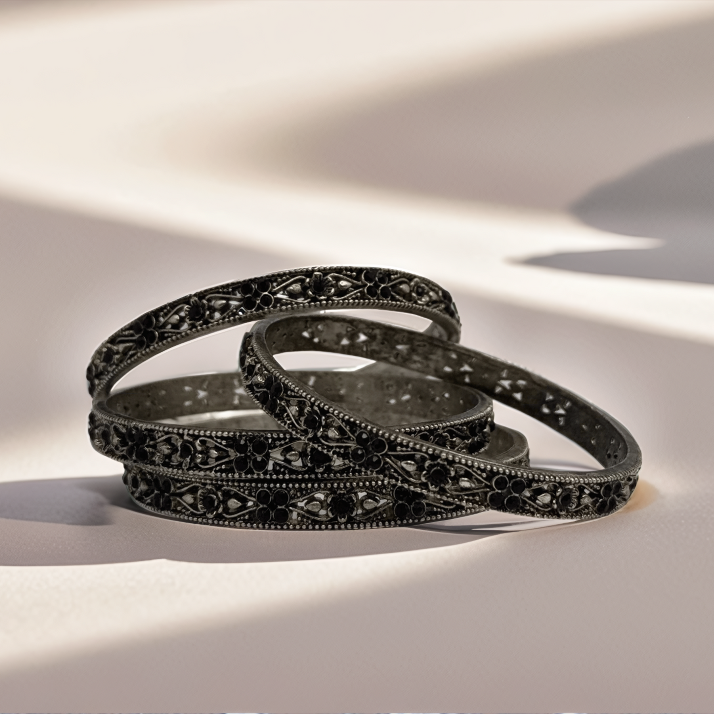 Oxidized Silver Bangles with Black Stones – Set of 4 - Glimzie