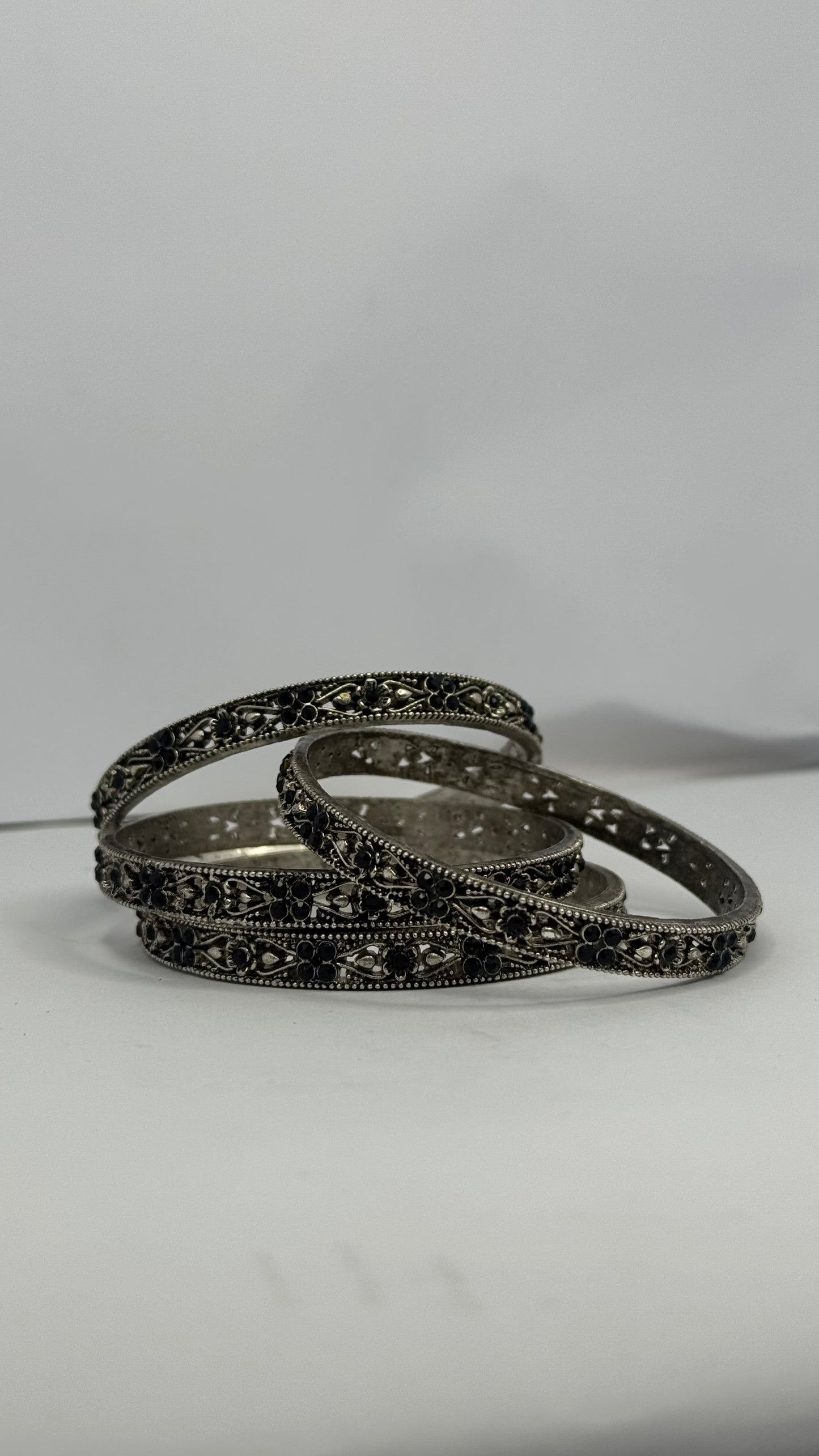 Oxidized Silver Bangles with Black Stones – Set of 4 - Glimzie
