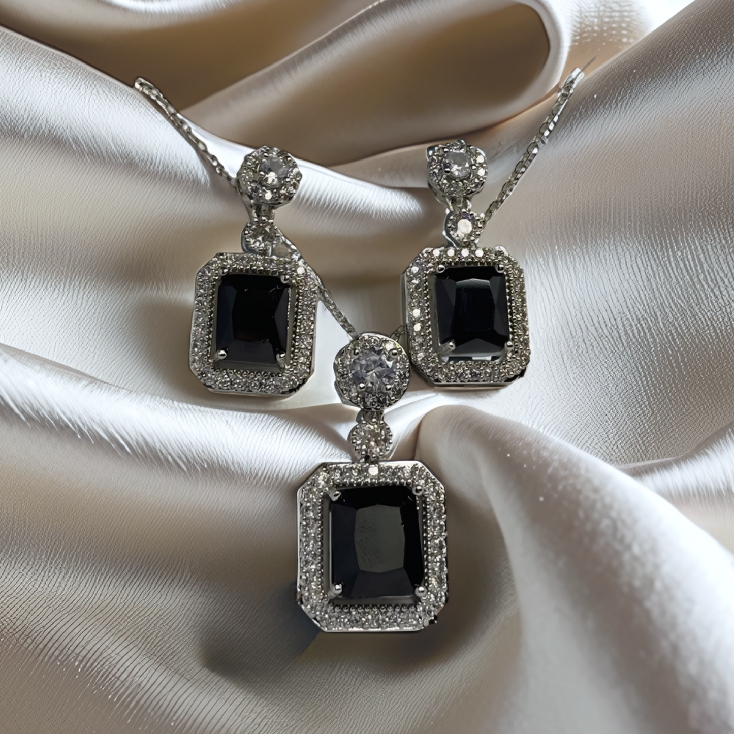 Luxury Black Crystal Jewelry Set – Silver Necklace & Earrings for Women - Glimzie