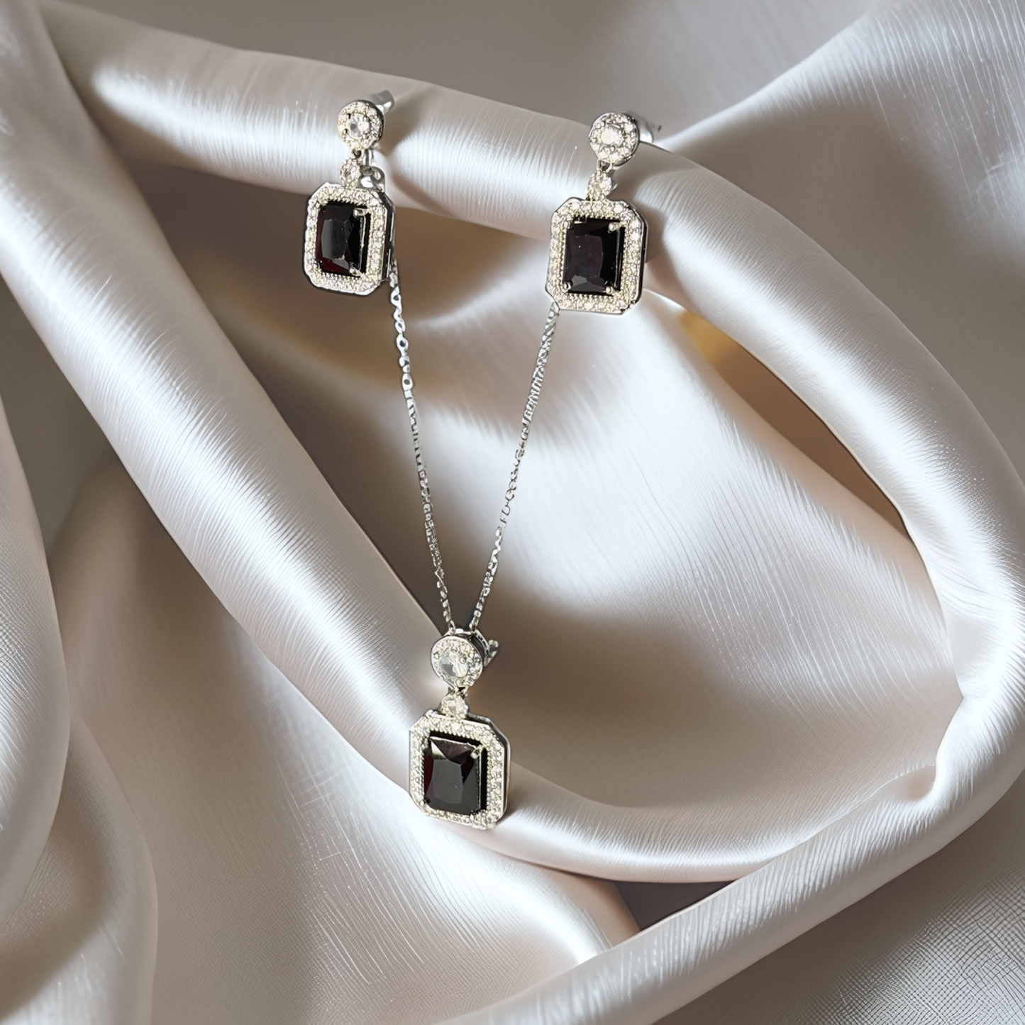 Luxury Black Crystal Jewelry Set – Silver Necklace & Earrings for Women - Glimzie