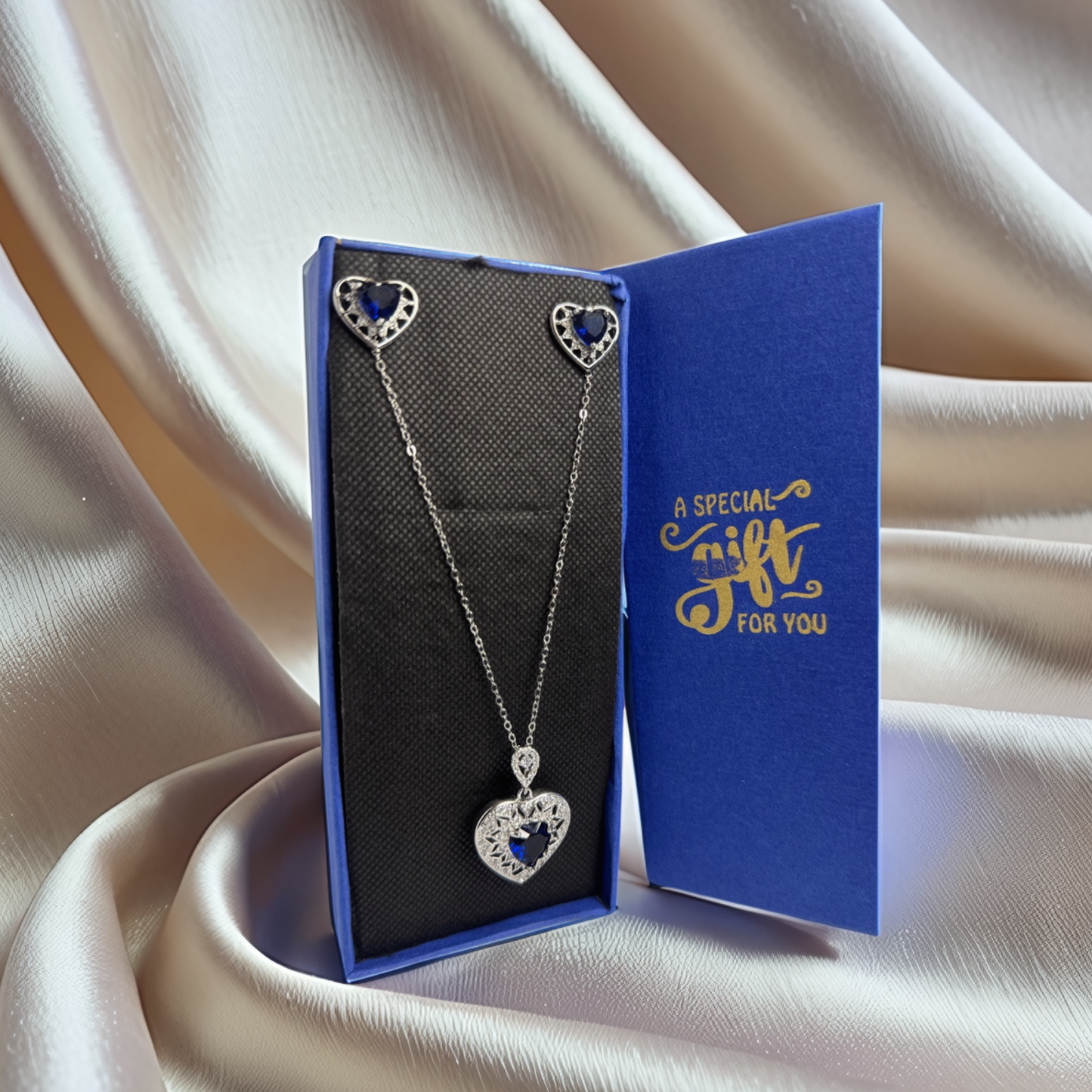 Heart-Shaped Blue Crystal Necklace & Earring Set – Fashion Jewelry - Glimzie