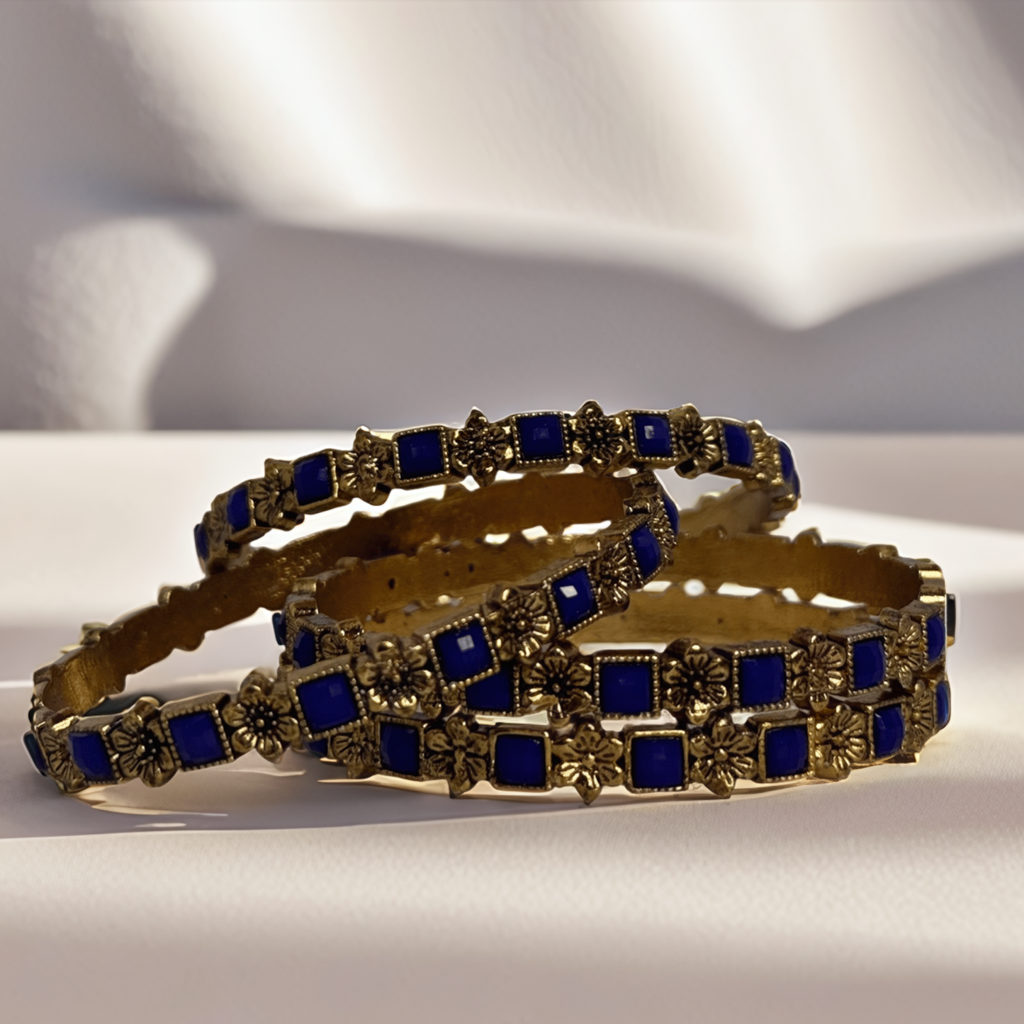 Royal Blue & Gold Floral Bangles – Set of 4 - Glimzie