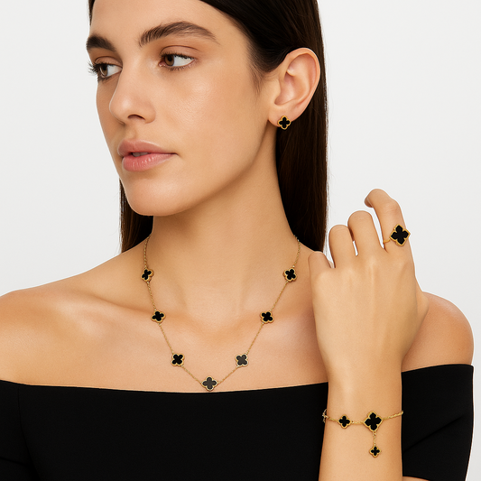 Luxury Black Clover Jewelry Set – Necklace, Bracelet & Ring (3-Piece Gold Plated Set) My Store