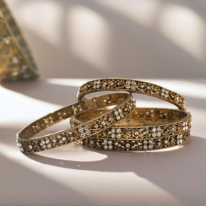 Traditional Antique Gold Plated Bangles with White Stones – Set of 4 - Glimzie