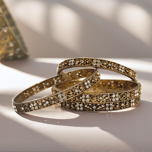 Traditional Antique Gold Plated Bangles with White Stones – Set of 4 - Glimzie