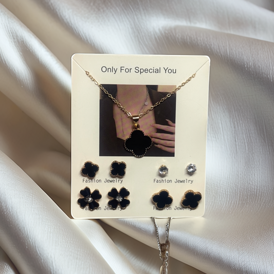 Black Clover Pendant Necklace & 6-Pair Earring Gift Set – Stylish Combo for Women - Glimzie