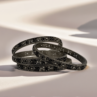 Oxidized Silver Bangles with Black Stones – Set of 4 - Glimzie