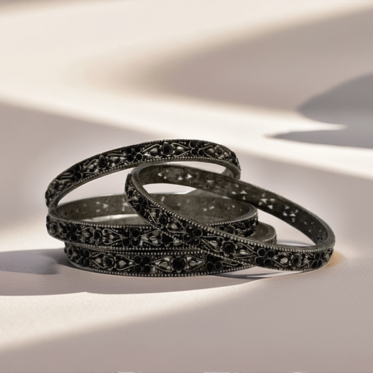 Oxidized Silver Bangles with Black Stones – Set of 4 - Glimzie