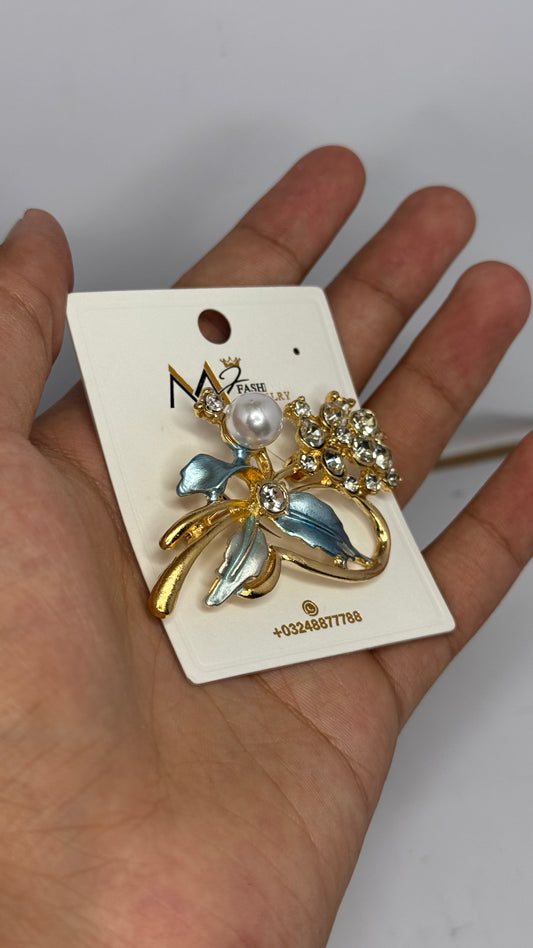 Elegant Pearl & Crystal Floral Brooch Pin – Gold Leaf Design - Glimzie