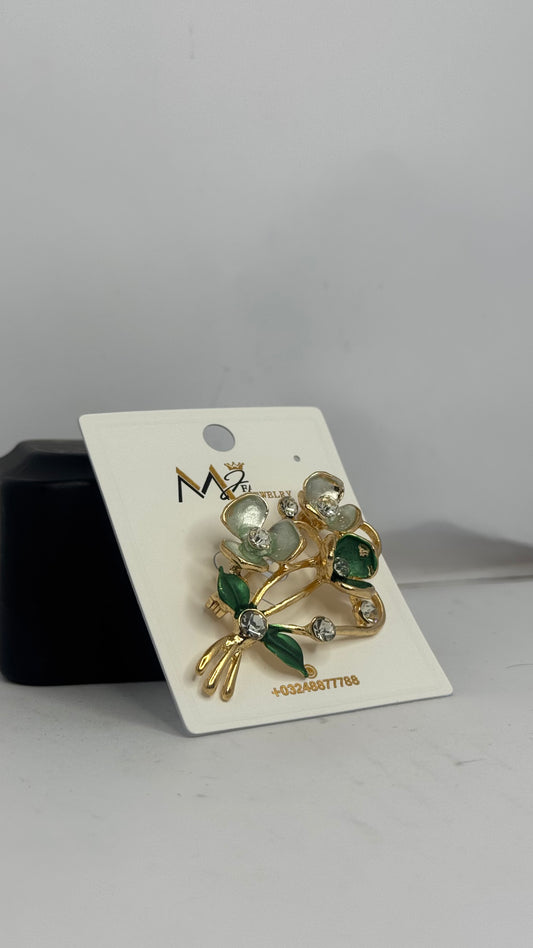 Elegant Floral Brooch with Green and White Stones - Glimzie