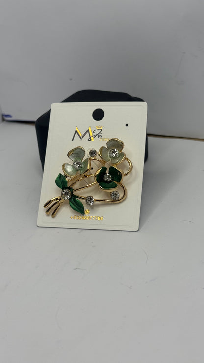 Elegant Floral Brooch with Green and White Stones - Glimzie