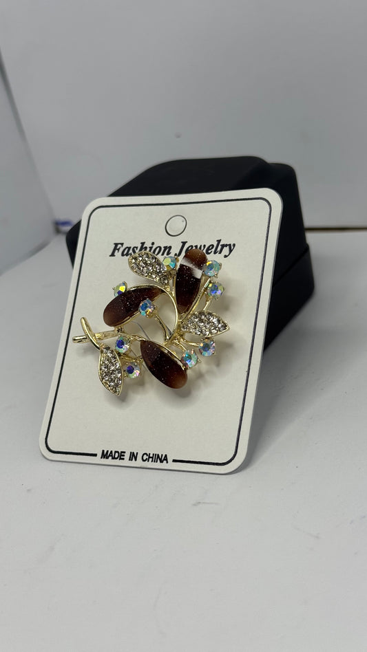 Elegant Brown Leaf Brooch with Crystal Accents - Glimzie