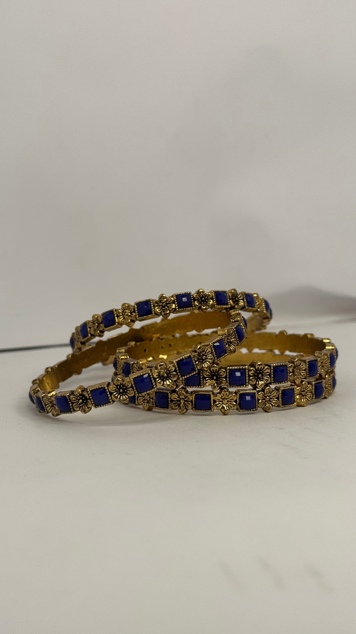Royal Blue & Gold Floral Bangles – Set of 4 - Glimzie