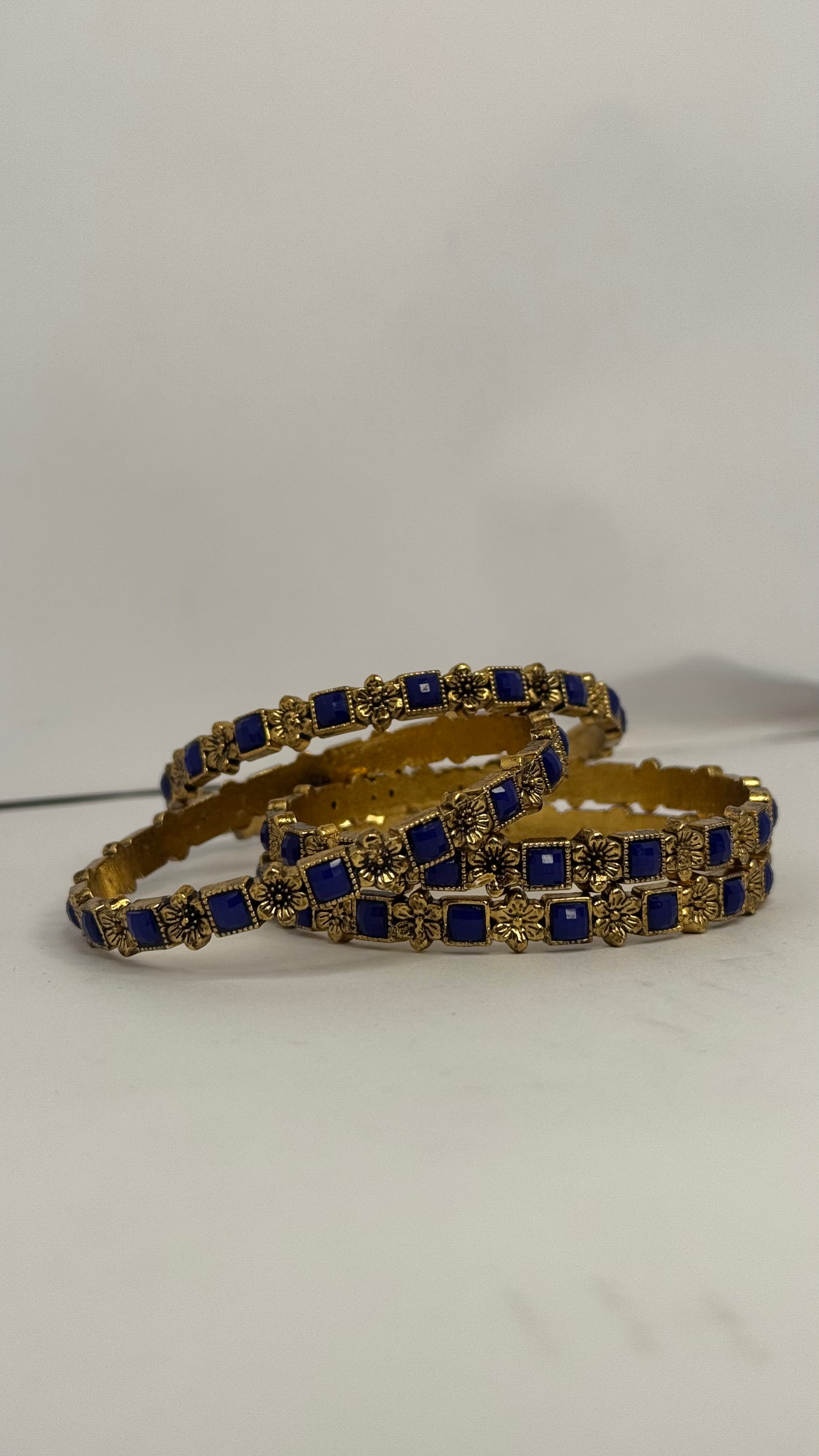 Royal Blue & Gold Floral Bangles – Set of 4 - Glimzie