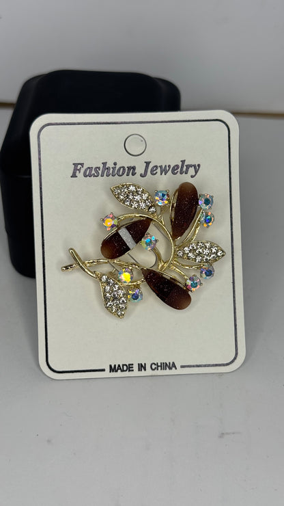 Elegant Brown Leaf Brooch with Crystal Accents - Glimzie