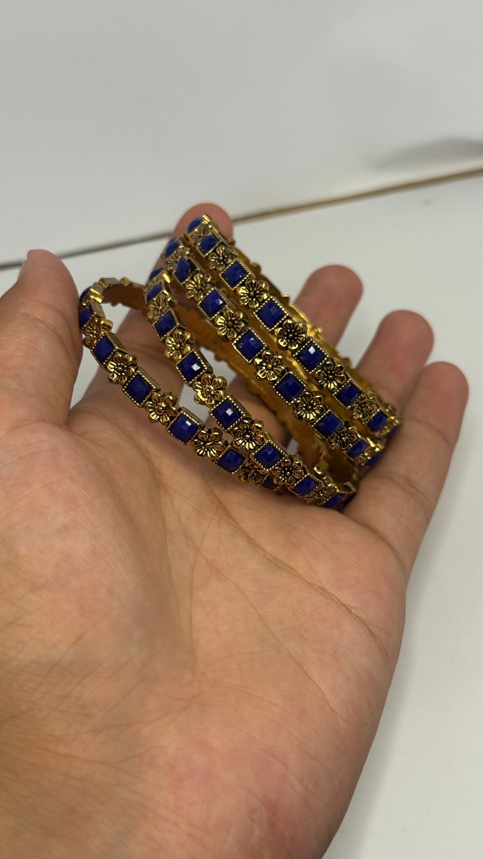 Royal Blue & Gold Floral Bangles – Set of 4 - Glimzie