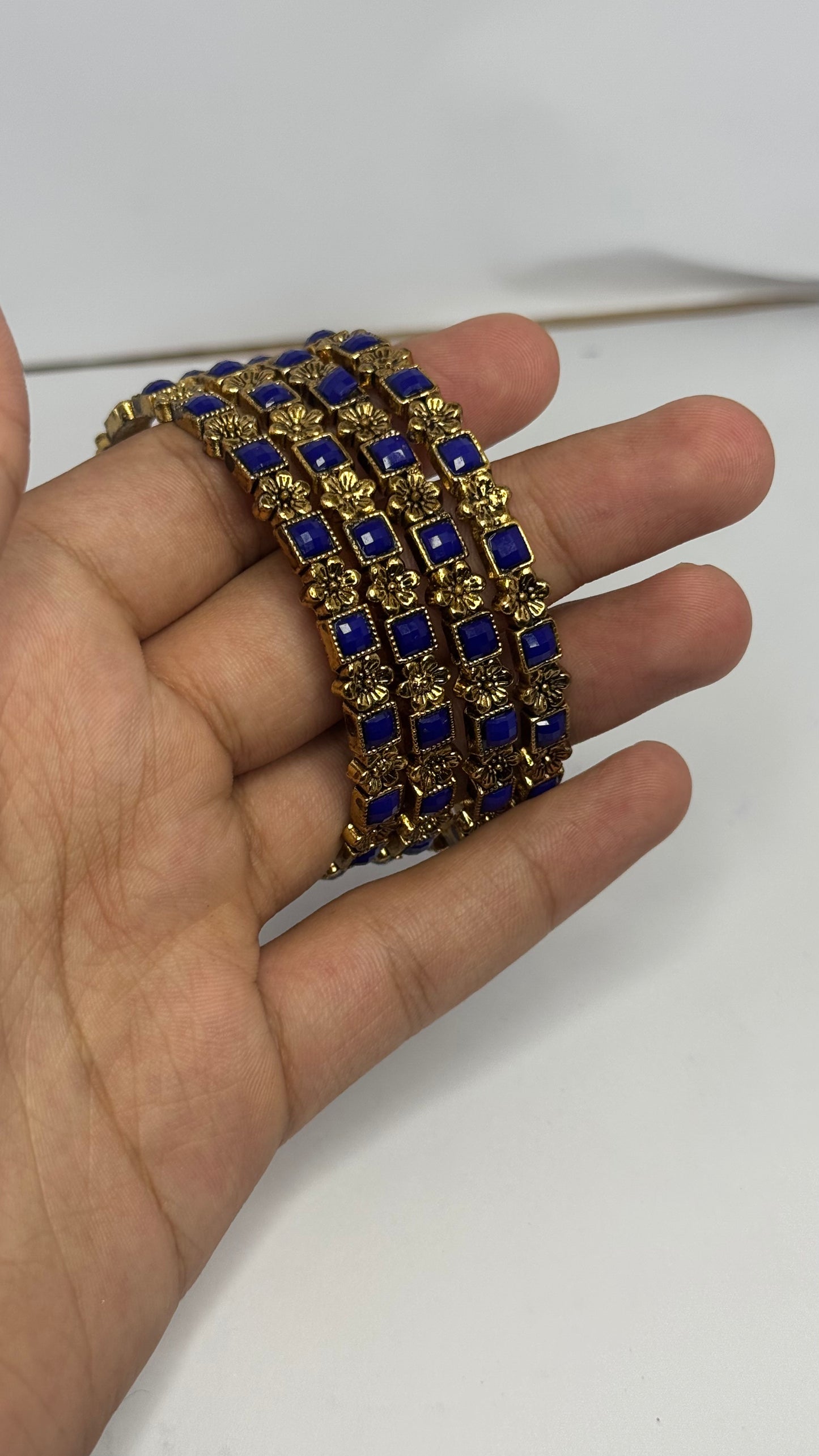 Royal Blue & Gold Floral Bangles – Set of 4 - Glimzie