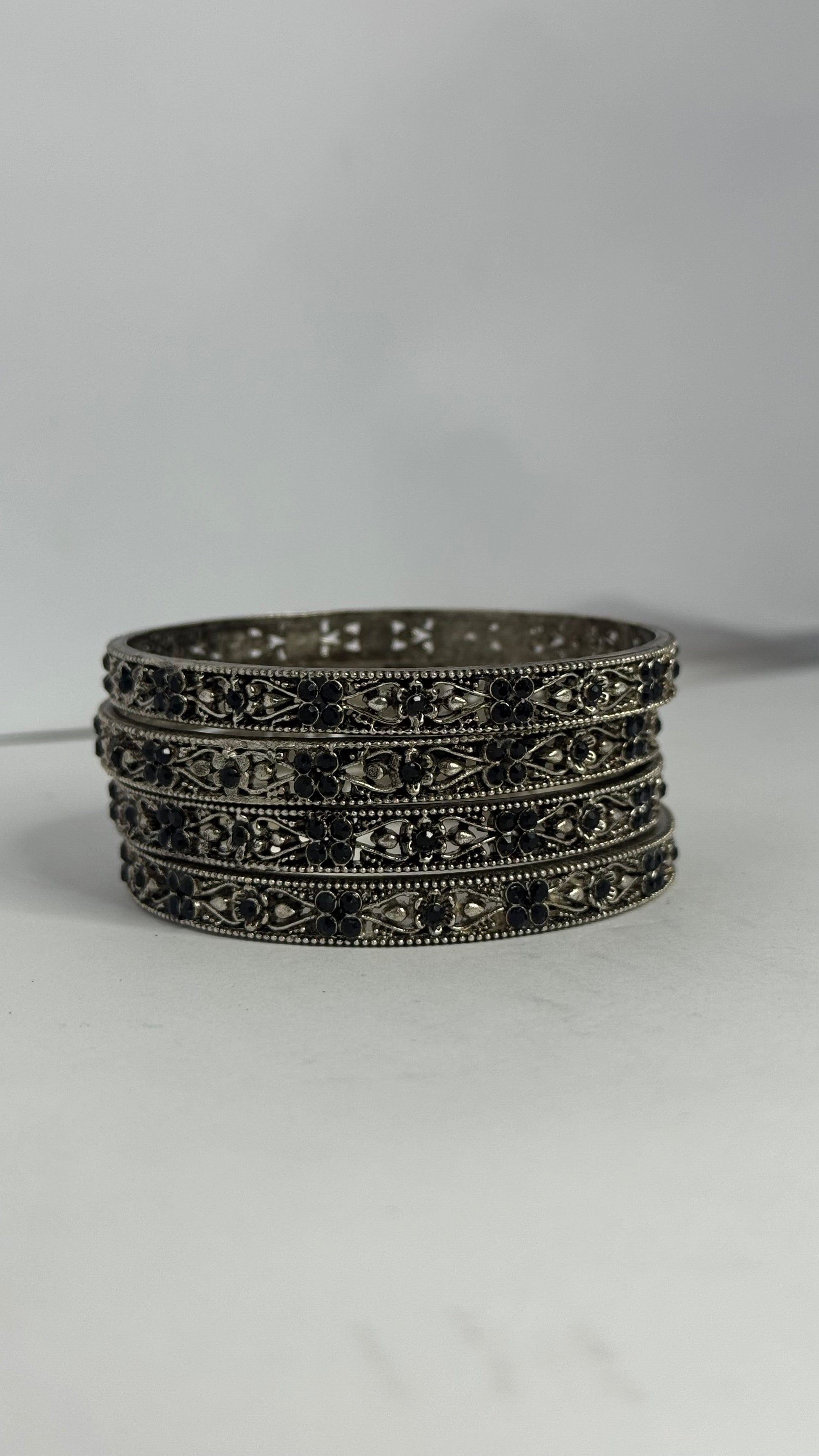 Oxidized Silver Bangles with Black Stones – Set of 4 - Glimzie
