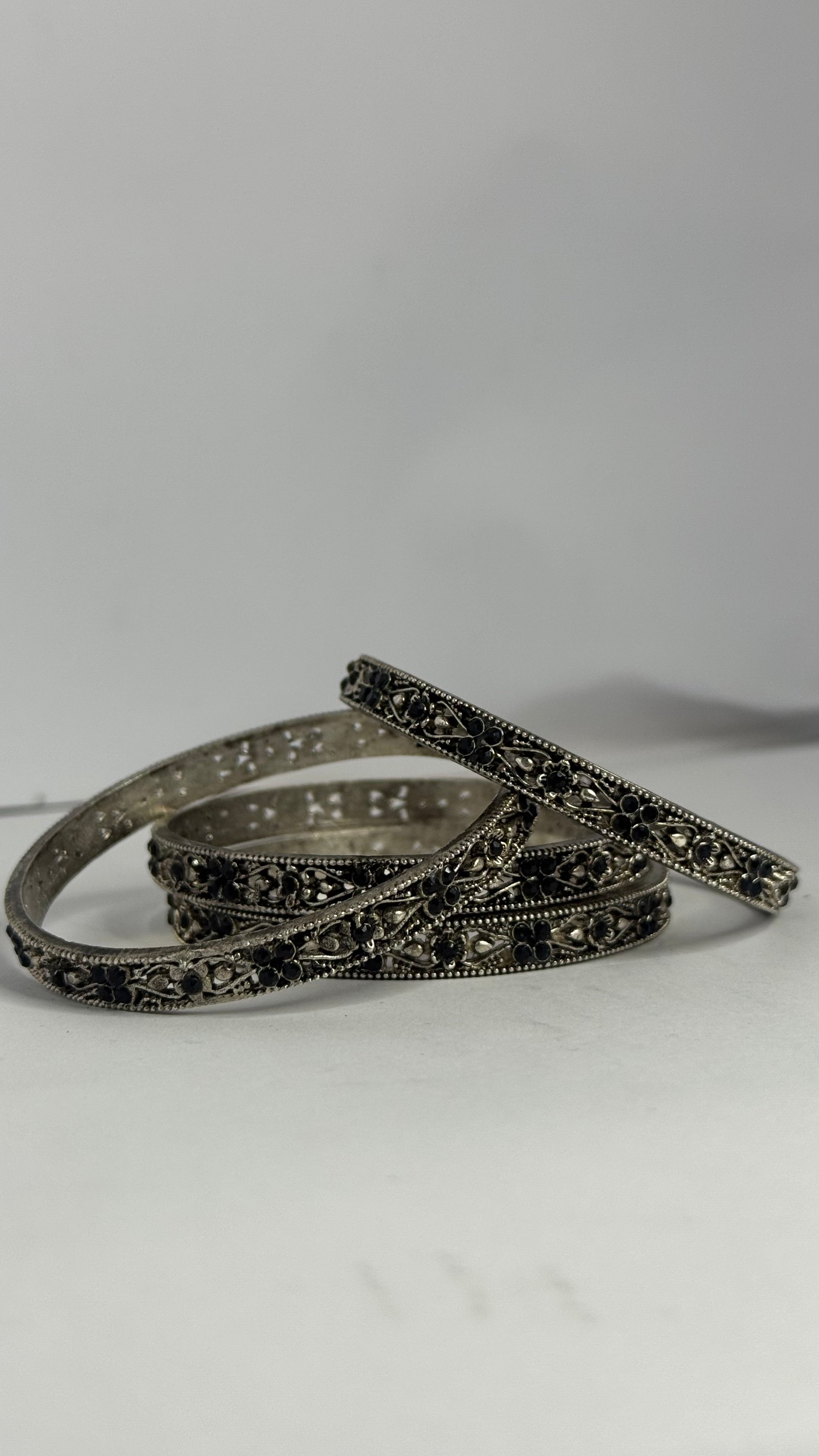 Oxidized Silver Bangles with Black Stones – Set of 4 - Glimzie