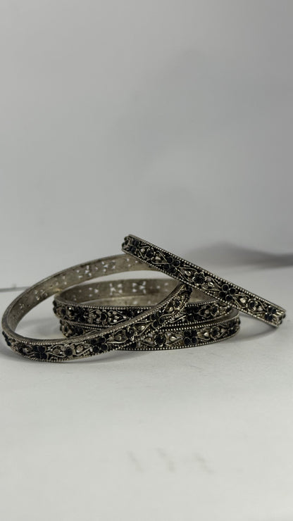 Oxidized Silver Bangles with Black Stones – Set of 4 - Glimzie