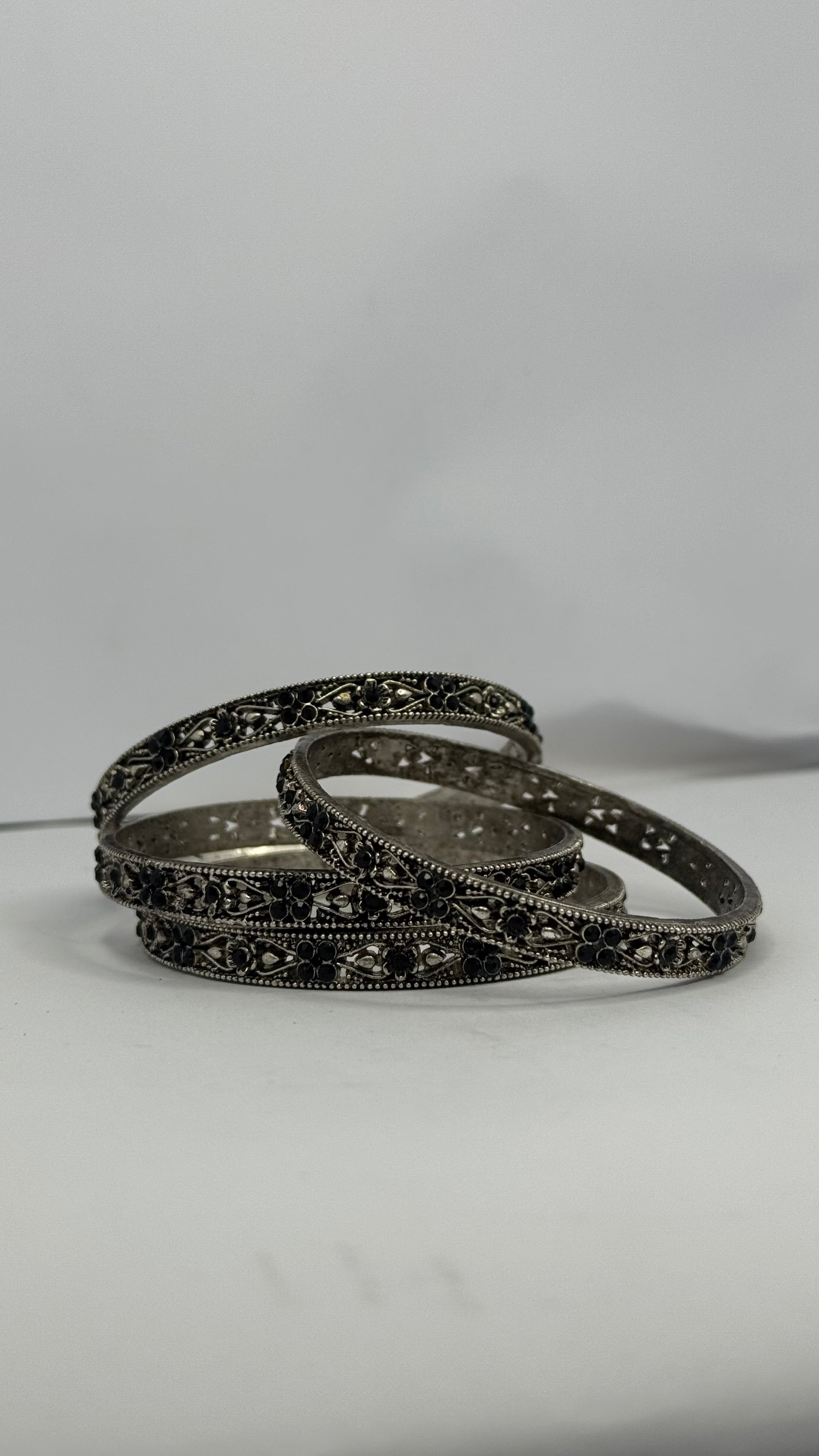 Oxidized Silver Bangles with Black Stones – Set of 4 - Glimzie