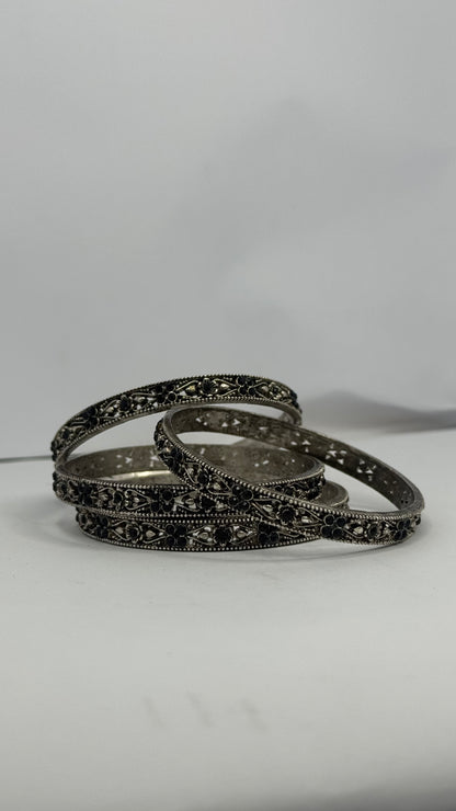 Oxidized Silver Bangles with Black Stones – Set of 4 - Glimzie