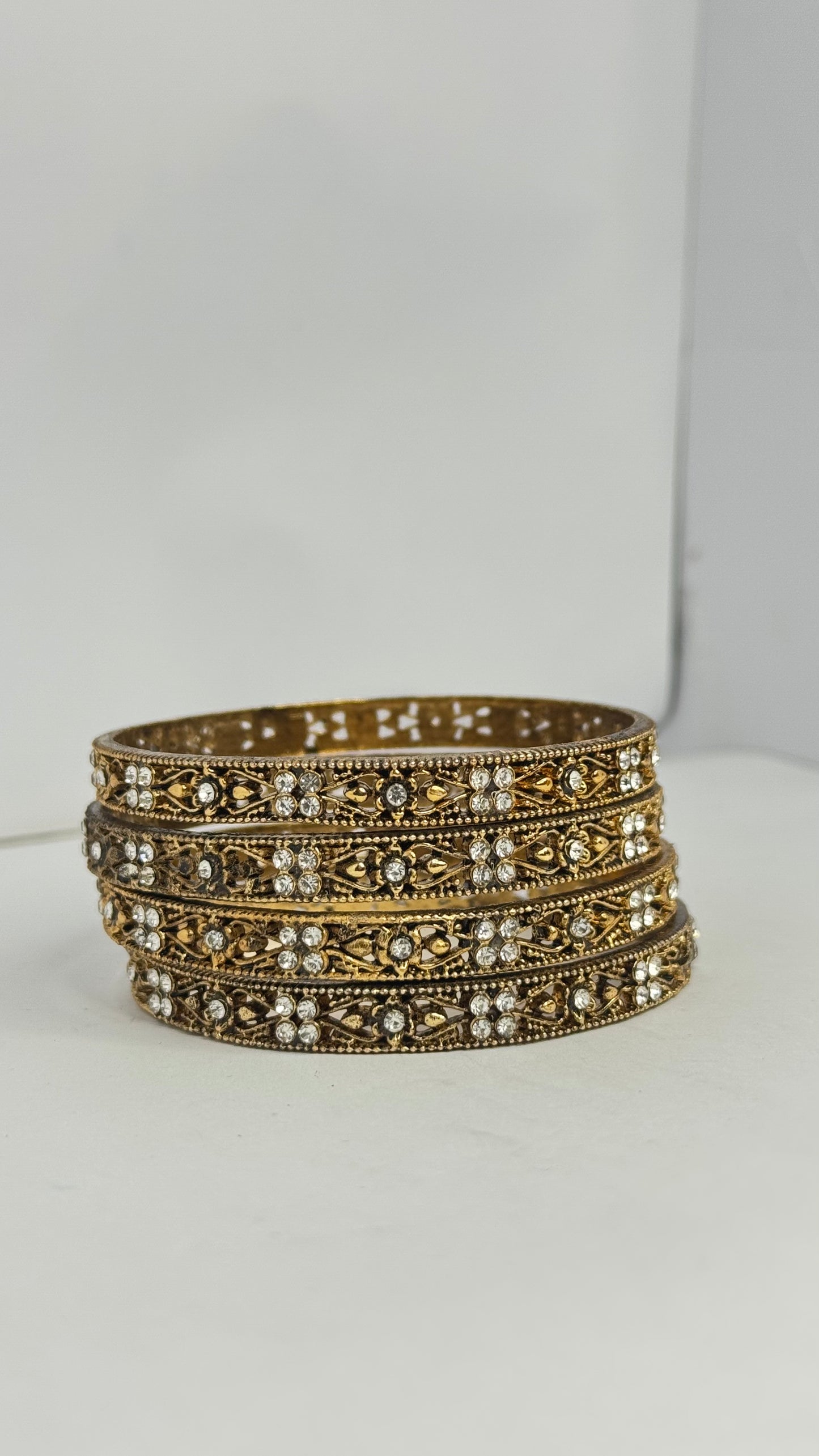 Traditional Antique Gold Plated Bangles with White Stones – Set of 4 - Glimzie