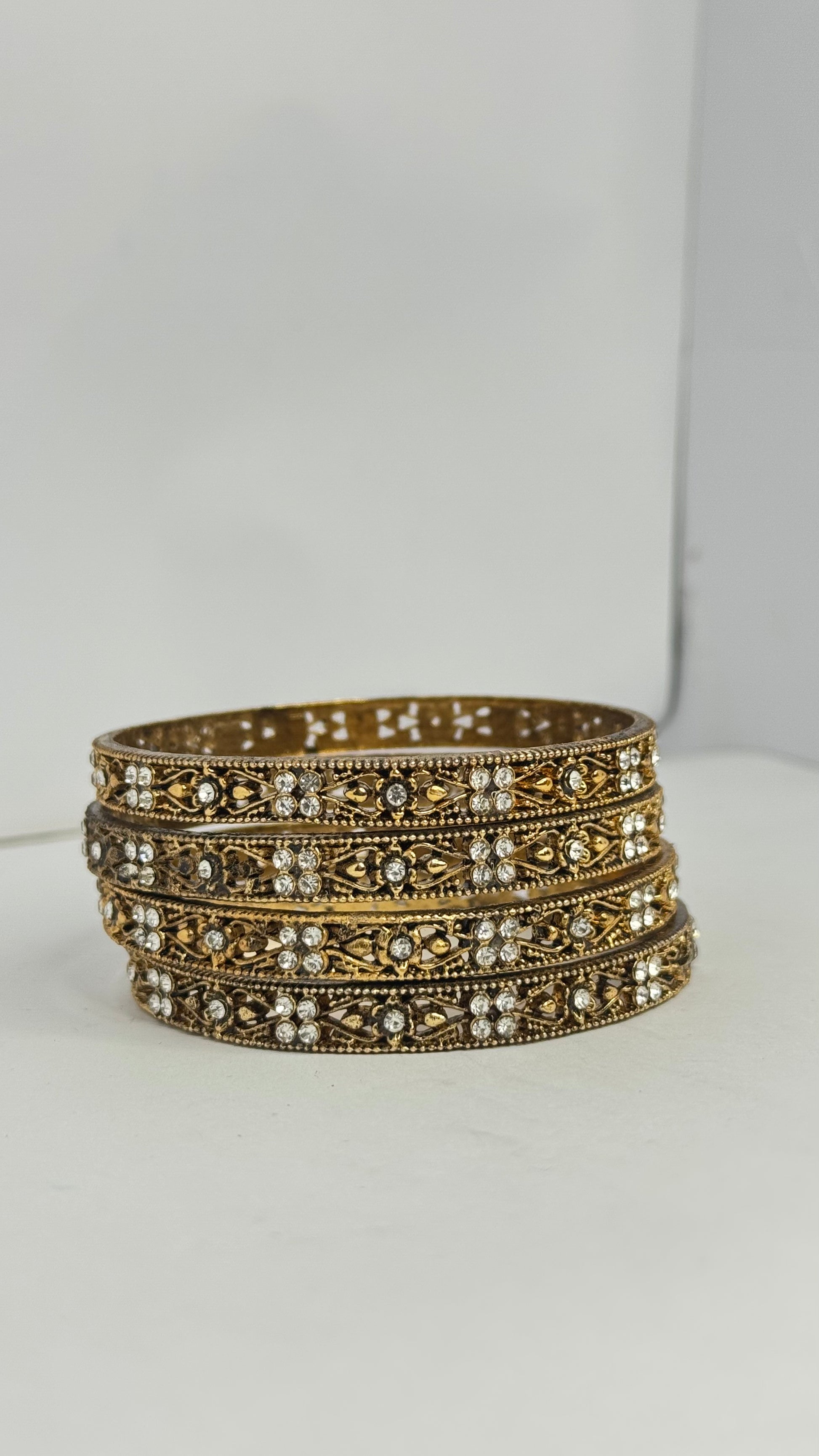 Traditional Antique Gold Plated Bangles with White Stones – Set of 4 - Glimzie