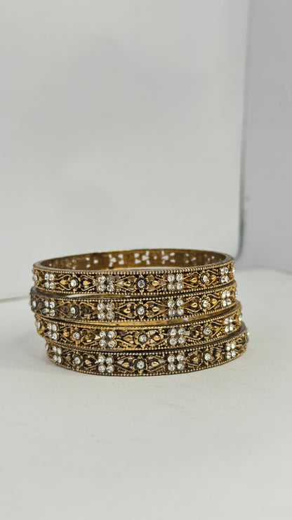 Traditional Antique Gold Plated Bangles with White Stones – Set of 4 - Glimzie
