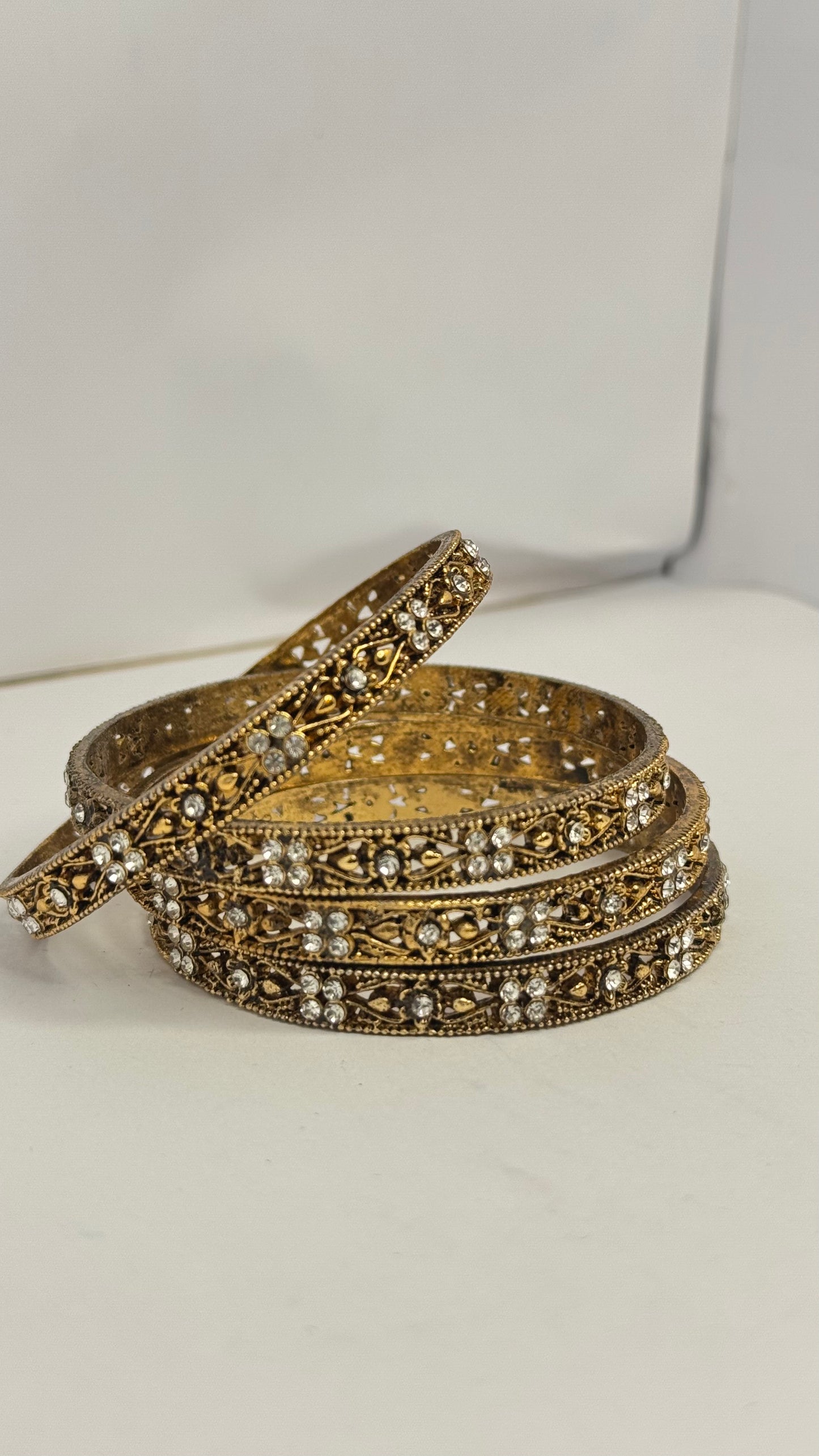 Traditional Antique Gold Plated Bangles with White Stones – Set of 4 - Glimzie