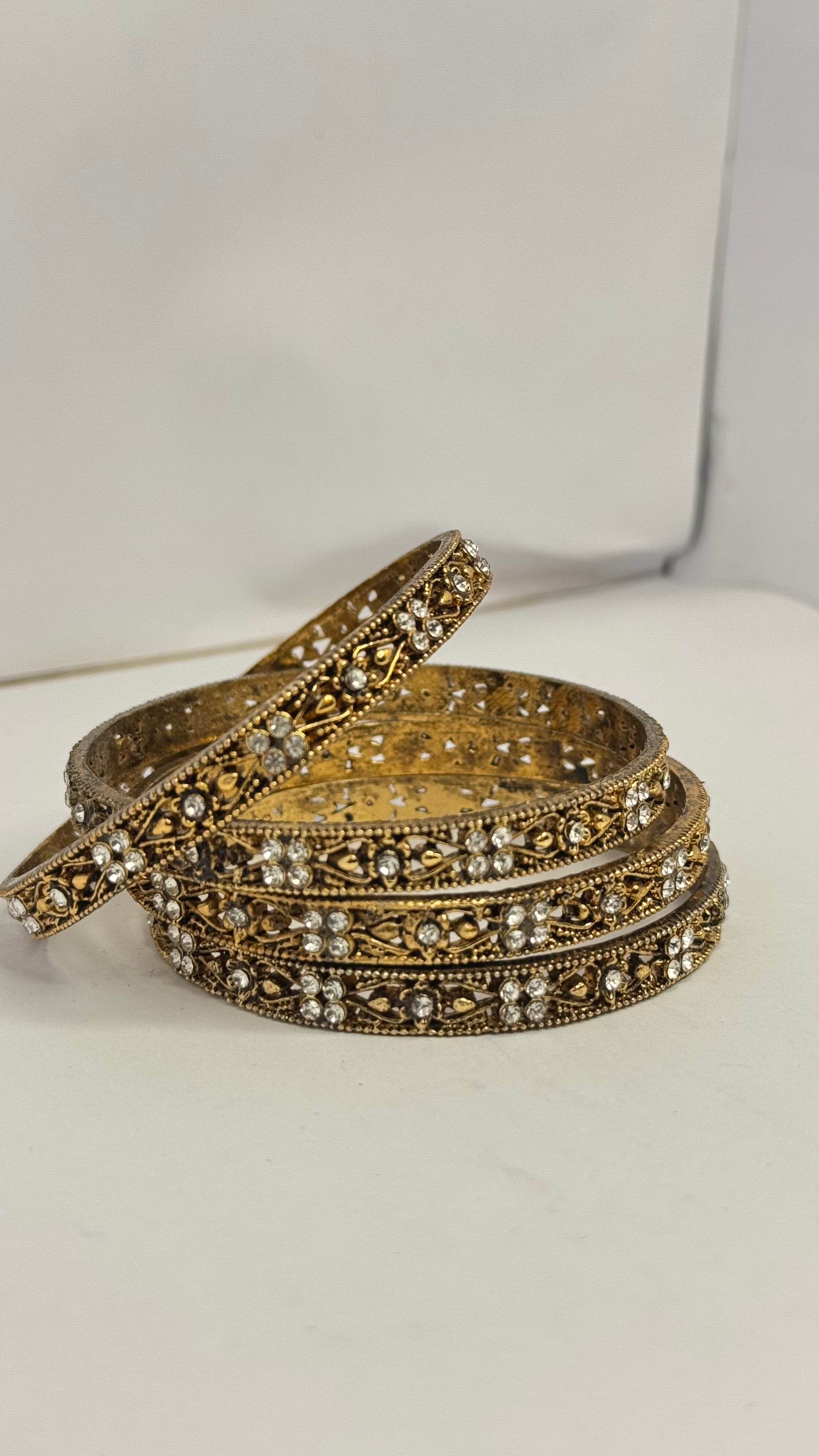 Traditional Antique Gold Plated Bangles with White Stones – Set of 4 - Glimzie