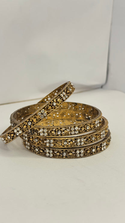 Traditional Antique Gold Plated Bangles with White Stones – Set of 4 - Glimzie