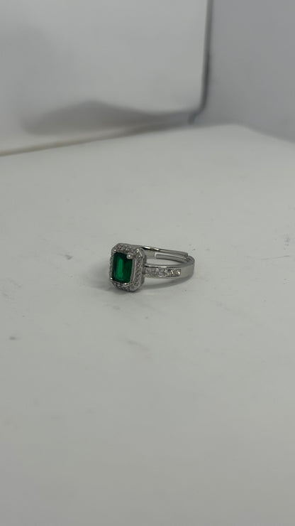 Elegant Silver-Plated Ring with Emerald Green Center Stone – Classic Halo Design - Glimzie