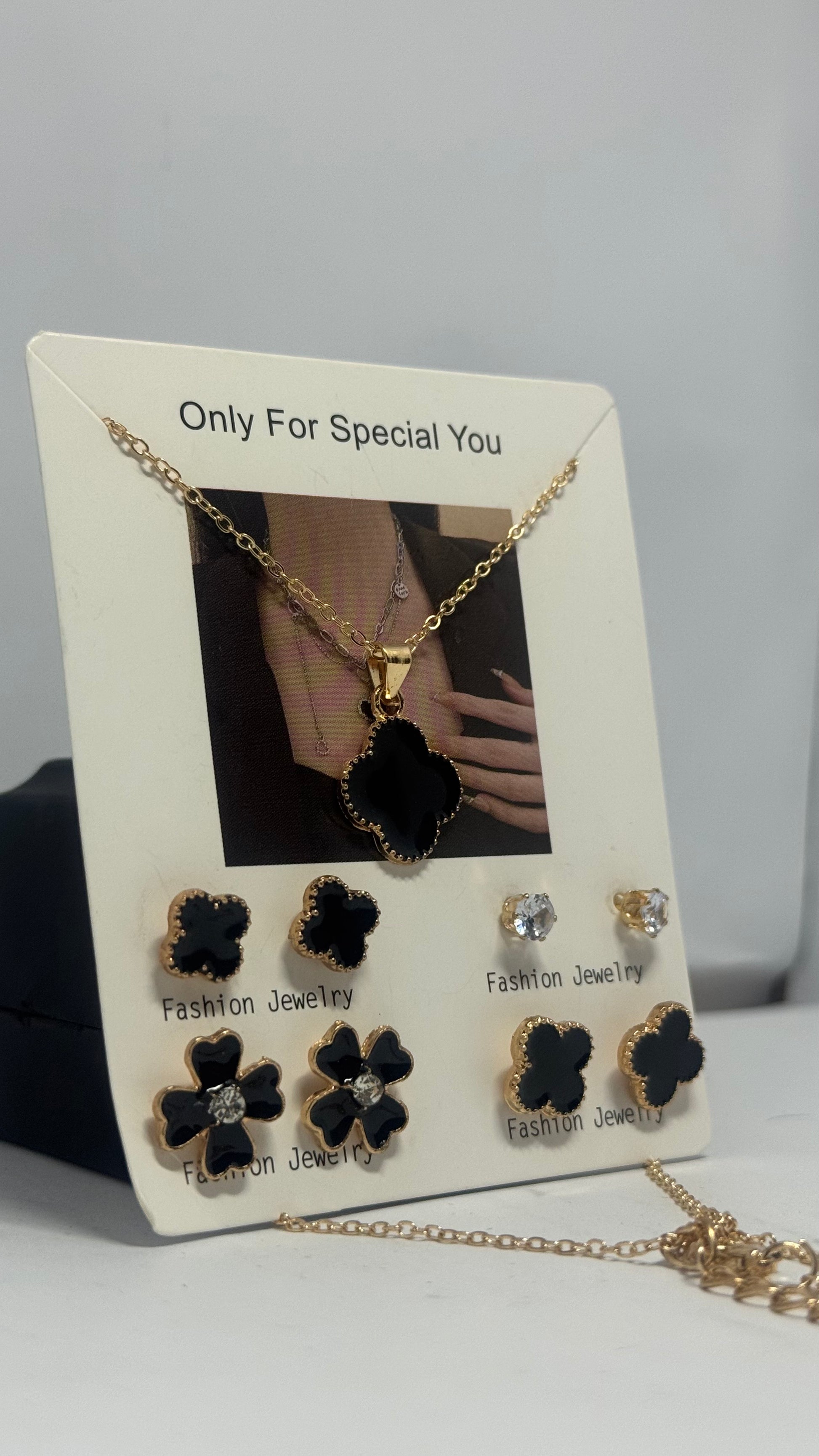 Black Clover Pendant Necklace & 6-Pair Earring Gift Set – Stylish Combo for Women - Glimzie