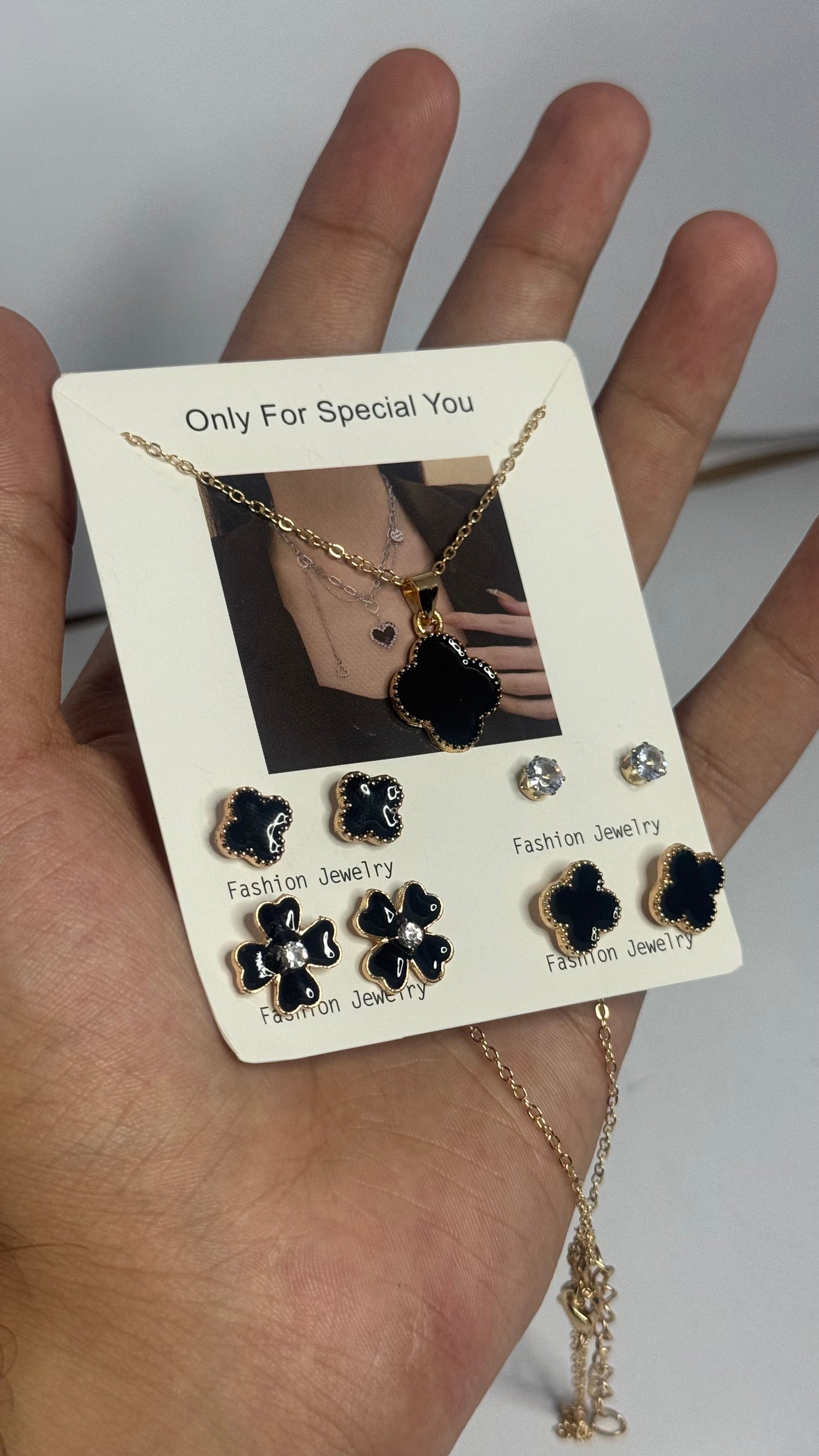 Black Clover Pendant Necklace & 6-Pair Earring Gift Set – Stylish Combo for Women - Glimzie