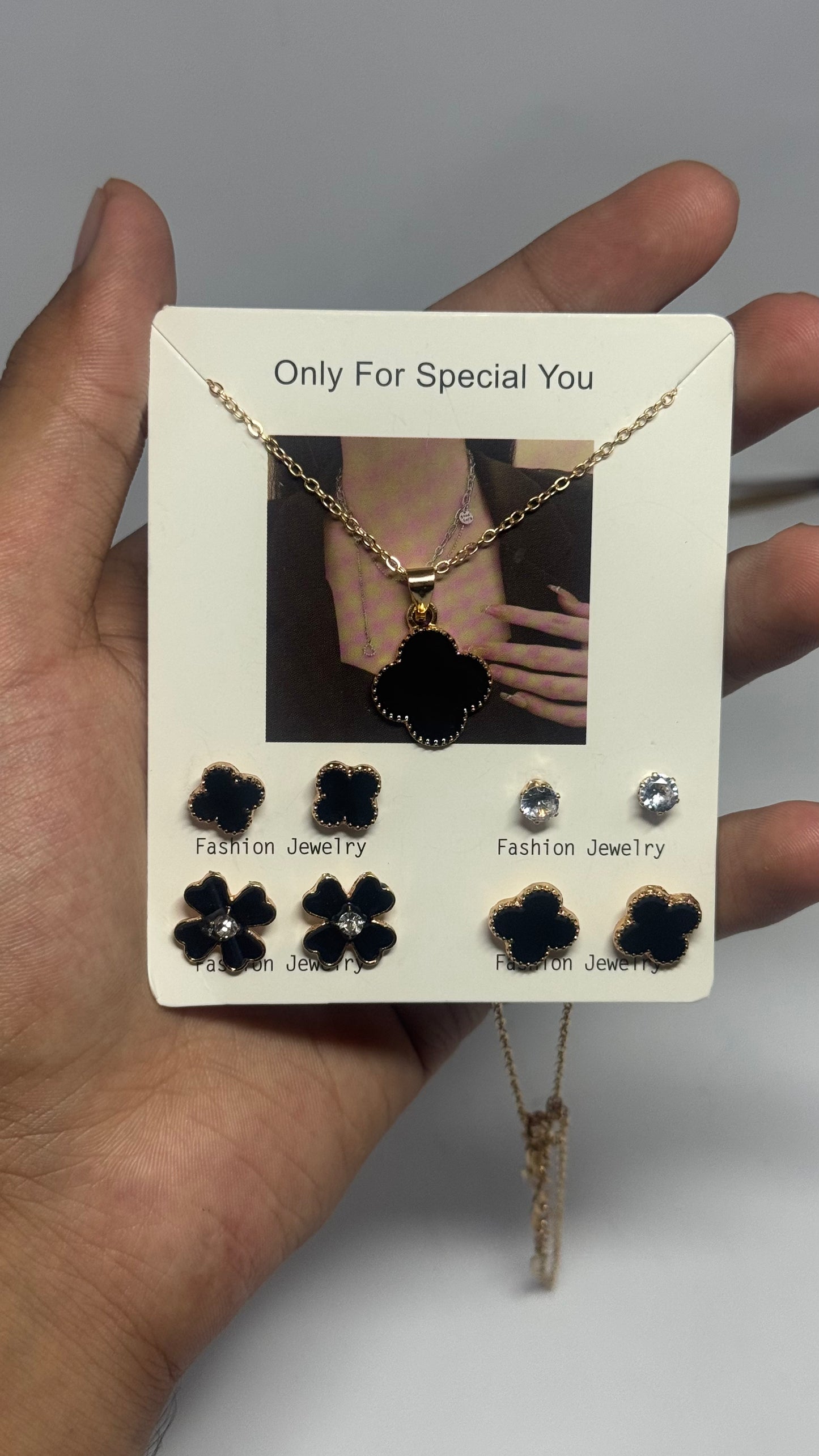 Black Clover Pendant Necklace & 6-Pair Earring Gift Set – Stylish Combo for Women - Glimzie