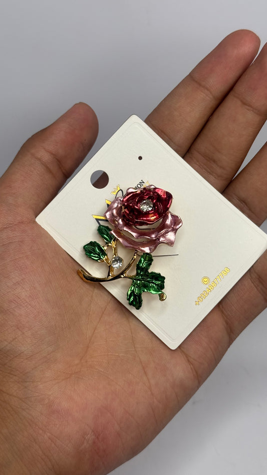 Romantic Rose Brooch Pin – Pink & Red Enamel with Crystal Accents - Glimzie