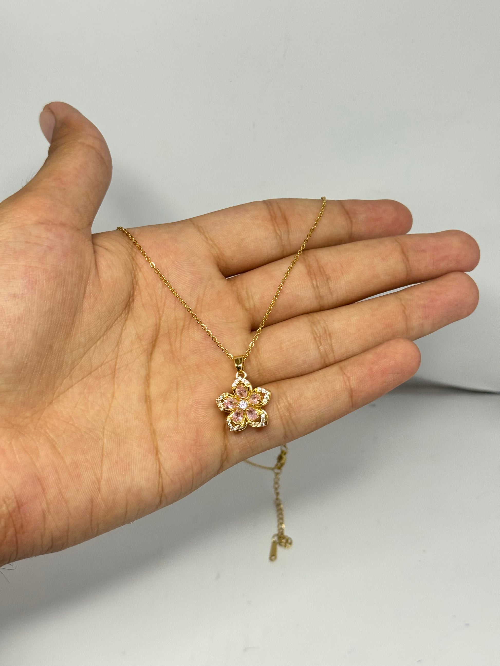 Blossom Charm Pendant Necklace – Gold with Pink Crystal Petals - Glimzie