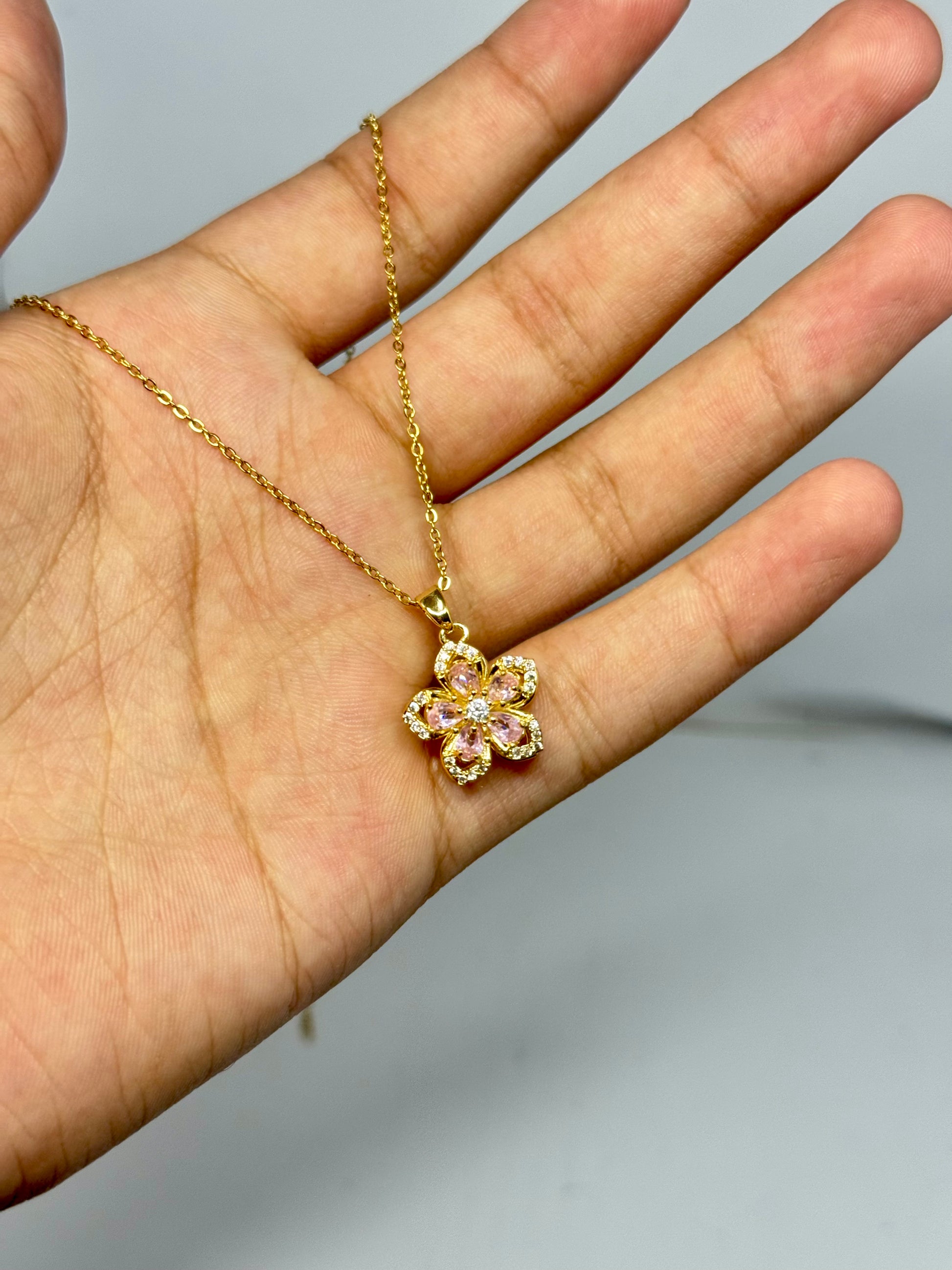 Blossom Charm Pendant Necklace – Gold with Pink Crystal Petals - Glimzie