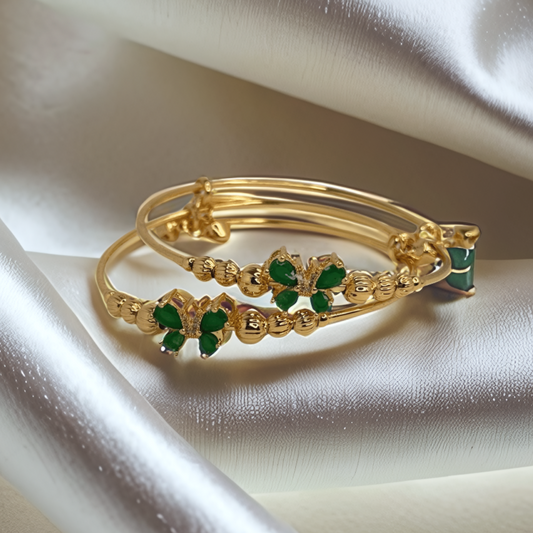 Elegant Gold Plated Green Stone Bangles – Butterfly Design (Set of 2) - Glimzie