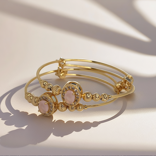 Gold Plated Pink Stone Bangles – Elegant Oval Design (Set of 2) - Glimzie