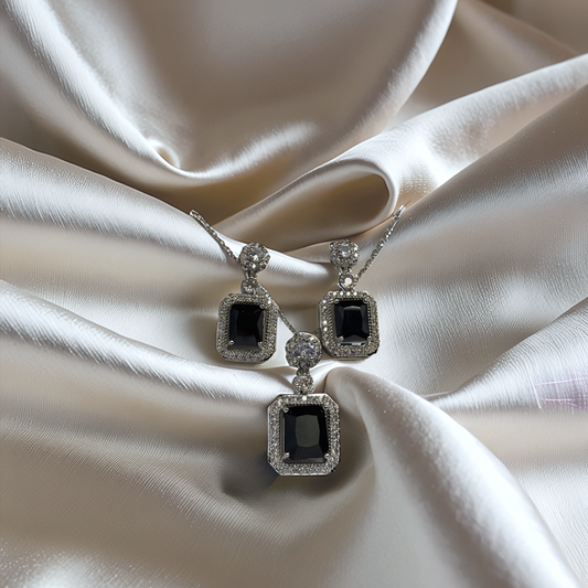 Luxury Black Crystal Jewelry Set – Silver Necklace & Earrings for Women - Glimzie