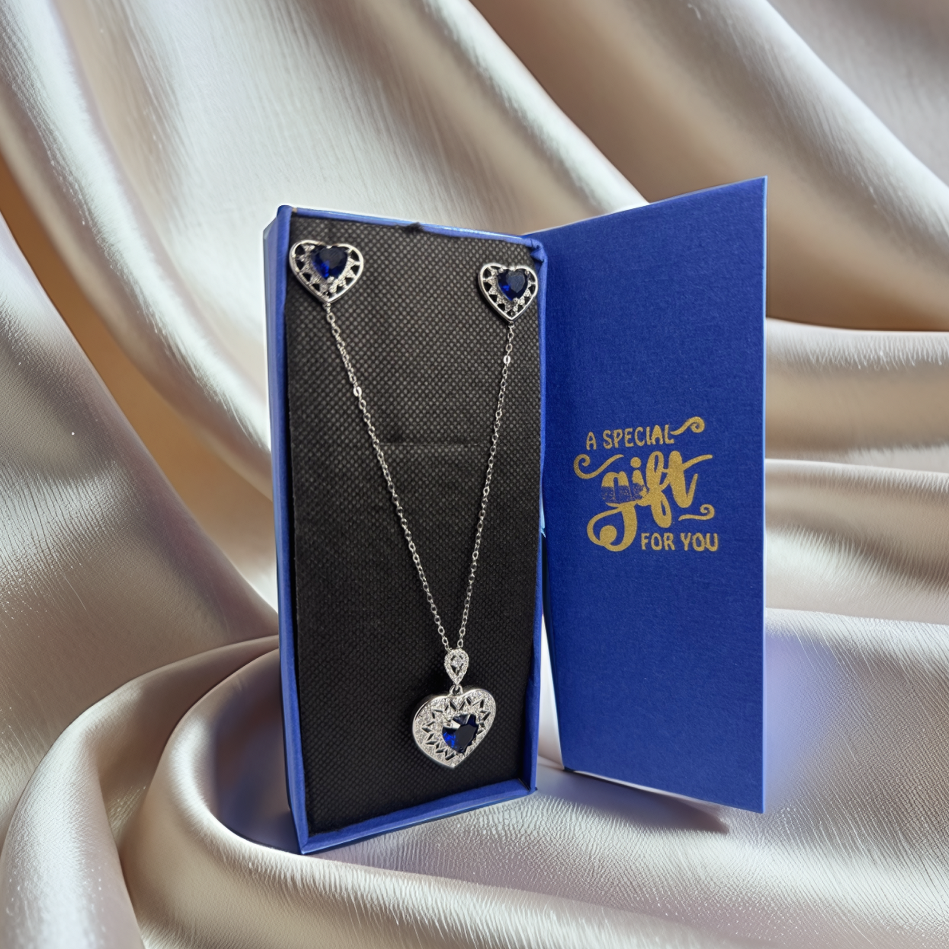 Heart-Shaped Blue Crystal Necklace & Earring Set – Fashion Jewelry - Glimzie