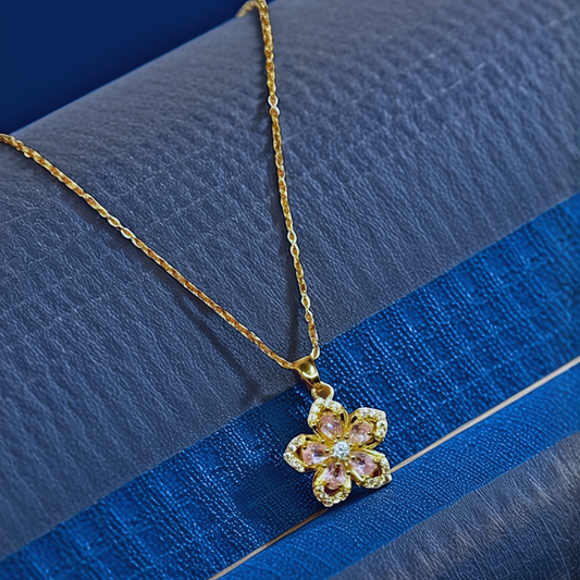 Blossom Charm Pendant Necklace – Gold with Pink Crystal Petals - Glimzie