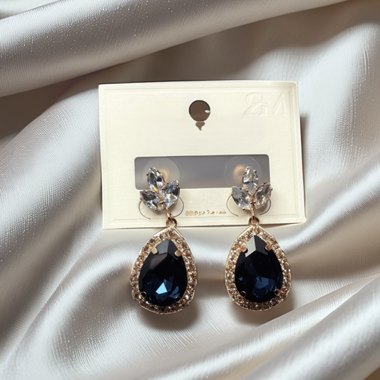 Navy Blue Teardrop Crystal Earrings – Elegant Gold-Tone Dangle Earrings for Women - Glimzie